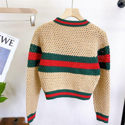 New Embroidered Striped Color-block Knit Top 1024031503