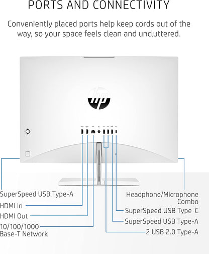 HP Pavilion 27” All-in-One Desktop, AMD Ryzen 7 5700U, 16 GB RAM, 256 GB SSD & 1 TB Hard Drive, Full HD Touchscreen, Windows 11 Home, 5 USB Ports, 5MP Pop-up Camera, Keyboard & Mouse (27-ca0070, 2021)