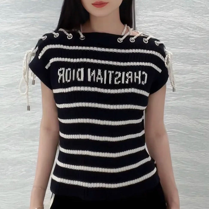 Slant Shoulder Striped Knit Top 1025070309