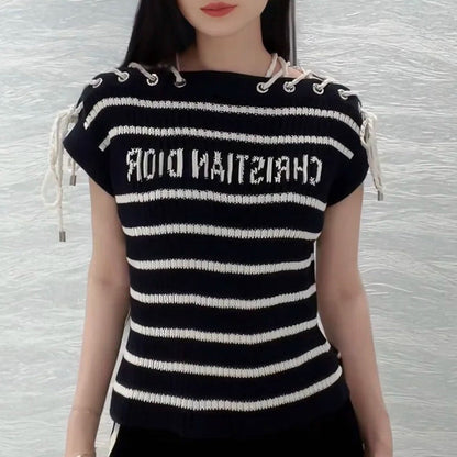 Slant Shoulder Striped Knit Top 1025070309