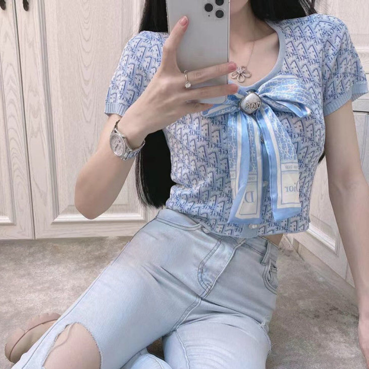 Printed Bow Brooch Short Sleeves PD10041725