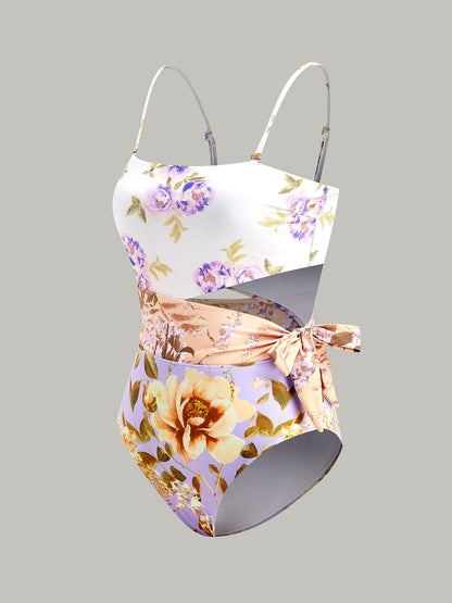 Print Cut-Out Bow Spaghetti Strap One-Piece Swimsuit