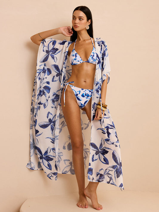 Sheer Floral Kimono Cover Up with Tie-Front