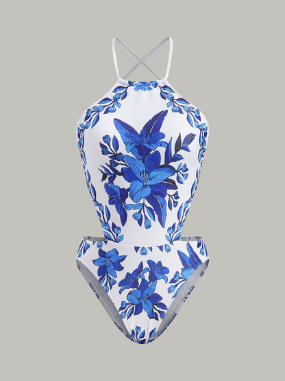 Floral Print Back Tie One-Piece Swimsuit With Cover-Up Skirt