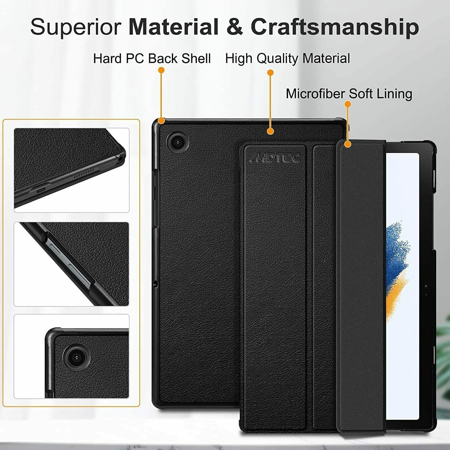 2022 Galaxy Tab A8 10.5” Inch 32 GB Wi-Fi Android 11 Touchscreen International Tablet Bundle – MDTec Hard Back Tri-Fold Stand Cover Case and 64GB microSD Card [Gray]
