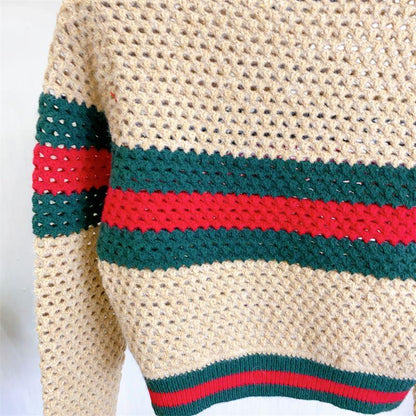 New Embroidered Striped Color-block Knit Top 1024031503