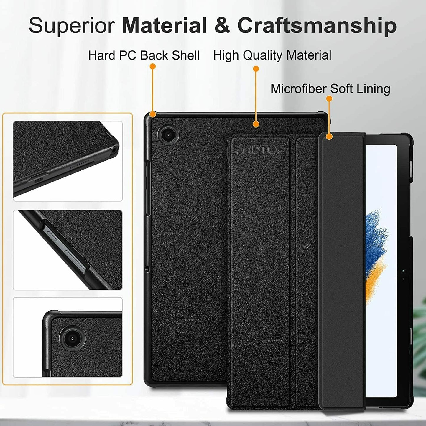 2022 Galaxy Tab A8 10.5” Inch 32 GB Wi-Fi Android 11 Touchscreen International Tablet Bundle – MDTec Hard Back Tri-Fold Stand Cover Case and 64GB microSD Card [Gray]