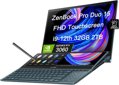 ASUS ZenBook Pro Duo 15 OLED UX582 Laptop, 15.6” OLED FHD Touch Display, Intel Core i9-12900H, 32GB, 1TB, GeForce RTX 3060 Laptop GPU, ScreenPad Plus, Windows 11 Pro, Celestial Blue, UX582ZM-XS96T