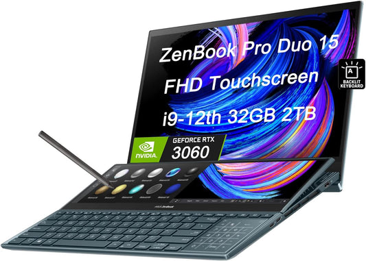 ASUS ZenBook Pro Duo 15 OLED UX582 Laptop, 15.6” OLED FHD Touch Display, Intel Core i9-12900H, 32GB, 1TB, GeForce RTX 3060 Laptop GPU, ScreenPad Plus, Windows 11 Pro, Celestial Blue, UX582ZM-XS96T