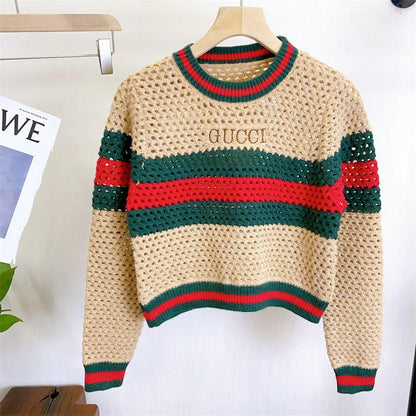 New Embroidered Striped Color-block Knit Top 1024031503
