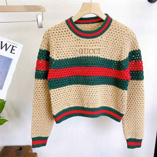 New Embroidered Striped Color-block Knit Top 1024031503