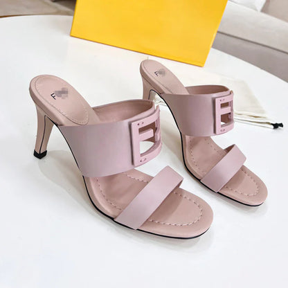 New Leather Metal Buckle High Heel Slippers 1025040209
