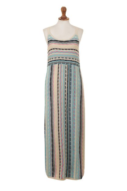 Bohemian Princess Cotton Knit Maxi Dress in Ivory and Pastel Stripes