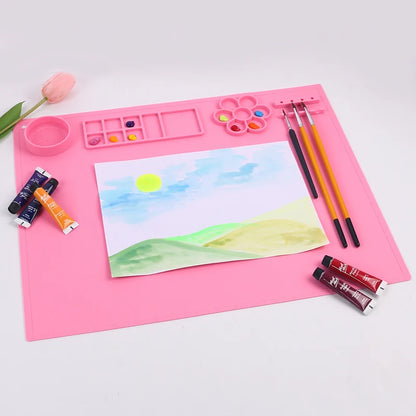 Silicone Painting Mat Kids Art Crafts Pads with Cup and Paint Brush Holder Palette DIY Handmade Mat