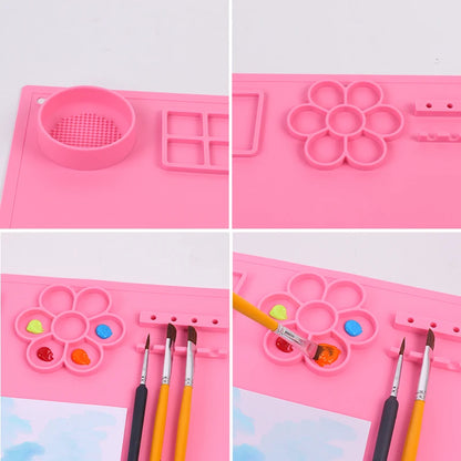Silicone Painting Mat Kids Art Crafts Pads with Cup and Paint Brush Holder Palette DIY Handmade Mat